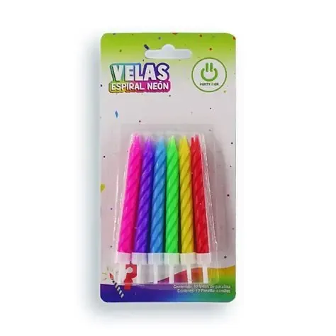 VELA ESPIRAL, NEON PARTY, IS ON, BLISTER CON 12 VELAS, CON 6 BLISTER