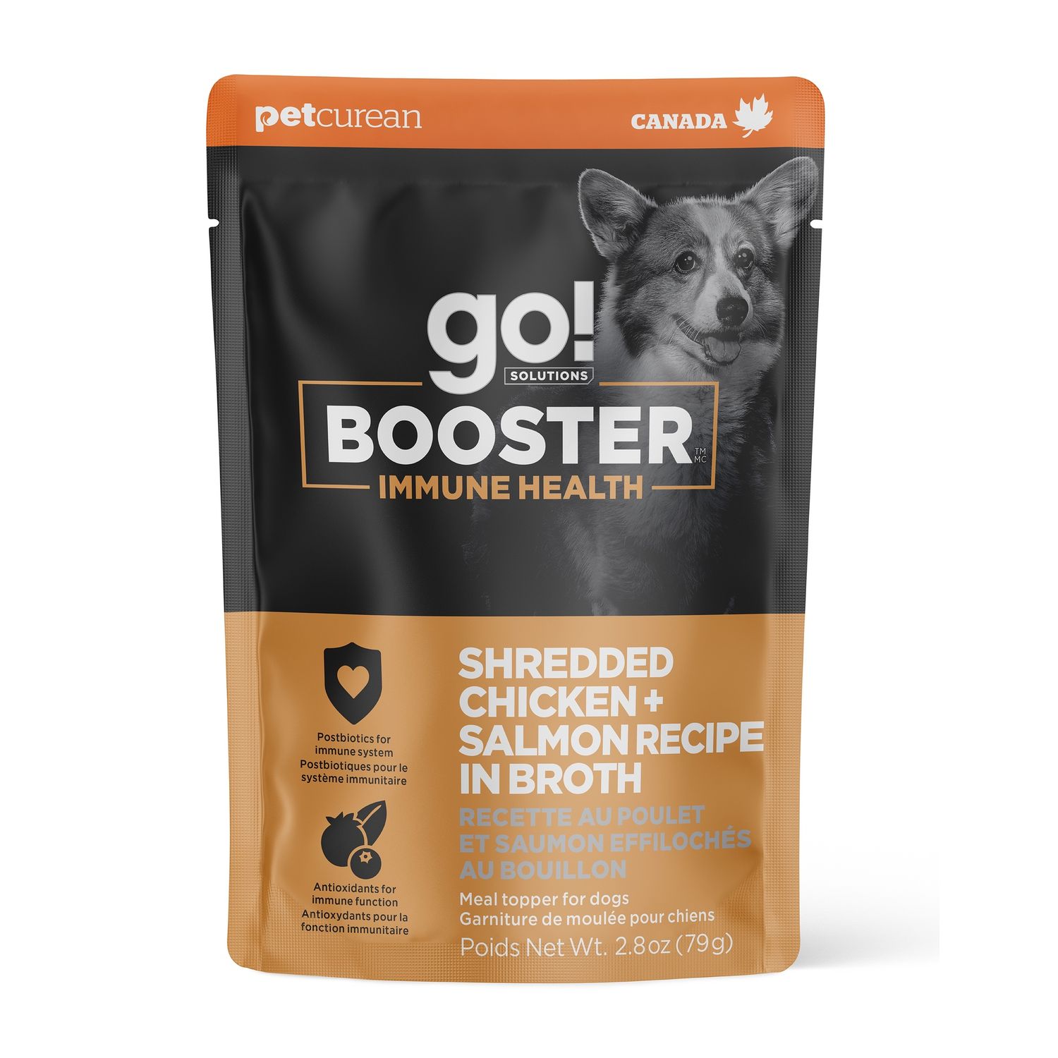 Go! Solutions Booster Immune Health Shredded Chicken + Salmon in broth for dogs, 2.8oz, box of 12