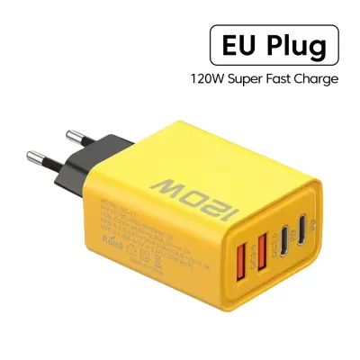 Total 120W USB Charger Type C Fast Charging Wall Charger Adapter For, Plug Type: Yellow EU