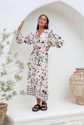 Zenga Cream &amp; Charcoal Midi Dress