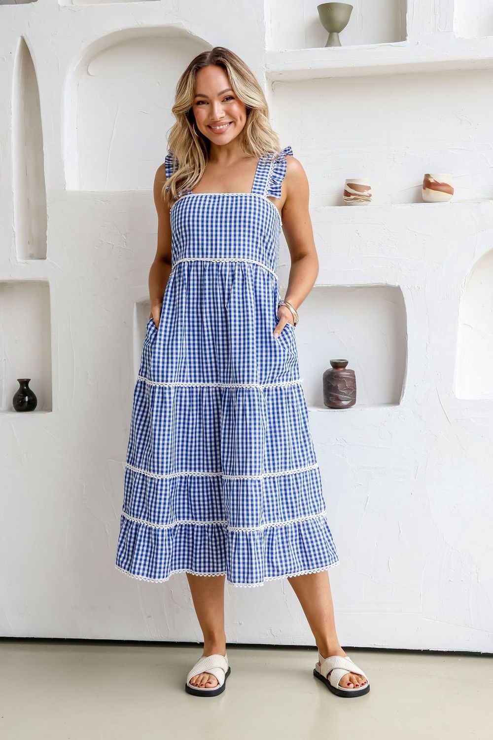 Gingham Check Dress - Blue, Size: 8