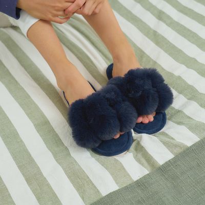 Pom Pom Slippers - Navy