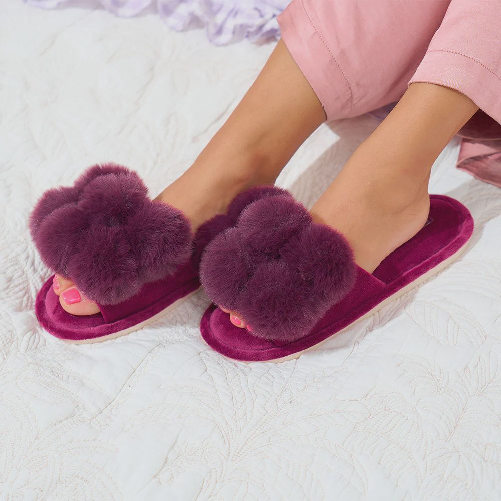 Pom Pom Slippers - Mulberry, Size: SML