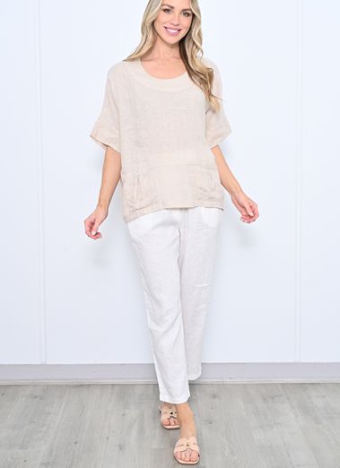 Front 2 Pockets Linen Top - Beige, Size: S/M