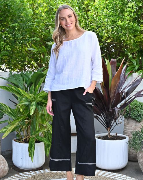 Contrast Trim Wide Leg Linen Pants - Black, Size: S/M