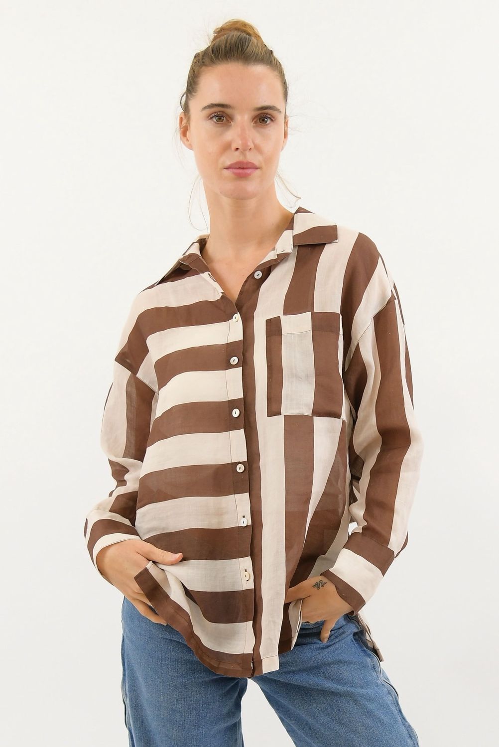 Faye Striped Linen Shirt - Choc/Cream, Size: S/M