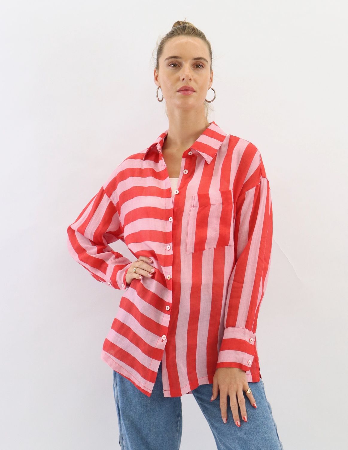 Faye Striped Linen Shirt - Pink/Red, Size: S/M