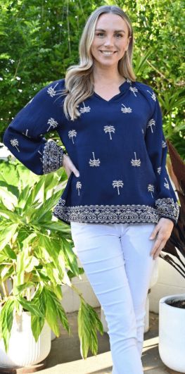 Palm Springs Embroidered V Neck Top - Navy, Size: 10