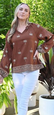 Palm Springs Embroidered V Neck Top - Tan