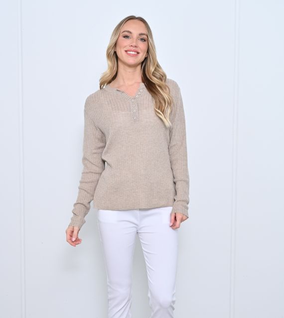 V Neck Button Ribbed Jumper - Beige, Size: S/M