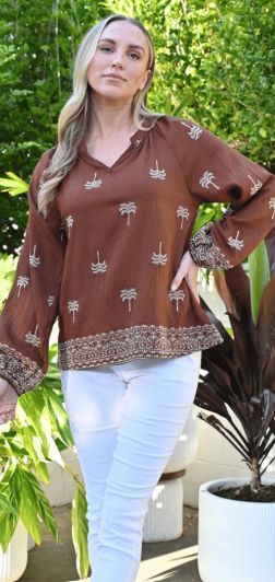 Palm Springs Embroidered V Neck Top - Tan, Size: 8