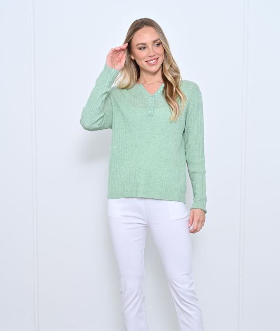 V Neck Button Ribbed Jumper - Sage, Size: S/M