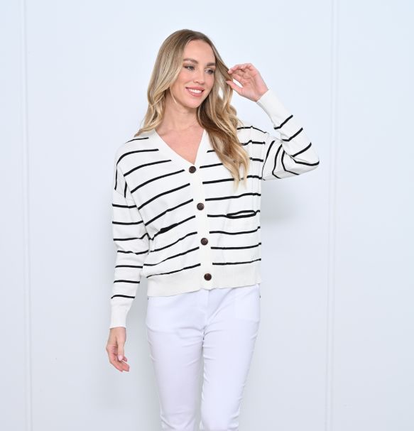 Strip Cotton Cardigan - White, Size: M/L