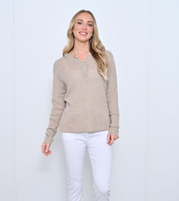 V Neck Button Ribbed Jumper - Beige