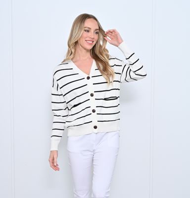 Strip Cotton Cardigan - White