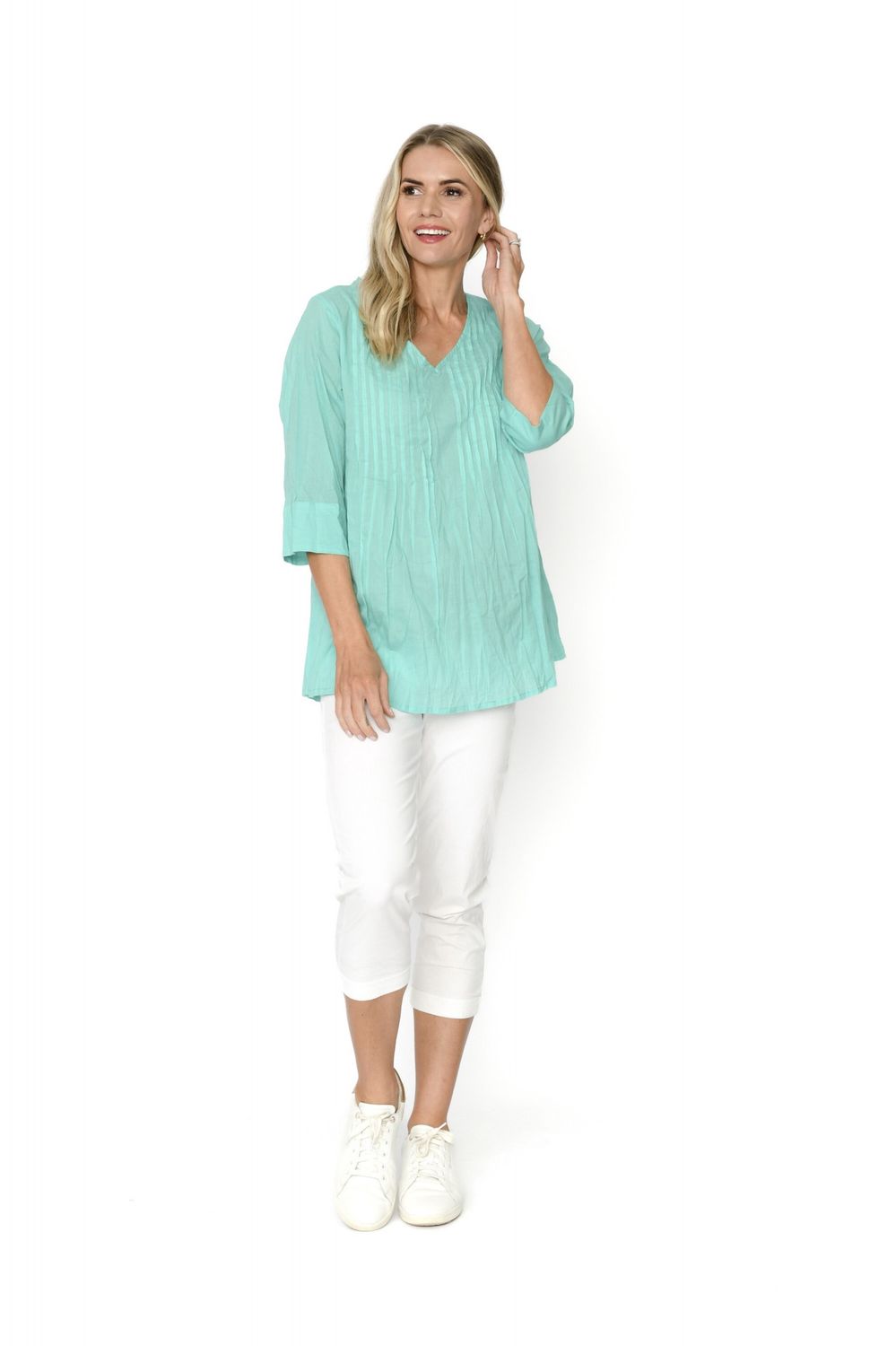 Evie Pleated Top - Aqua Splash, Size: 8
