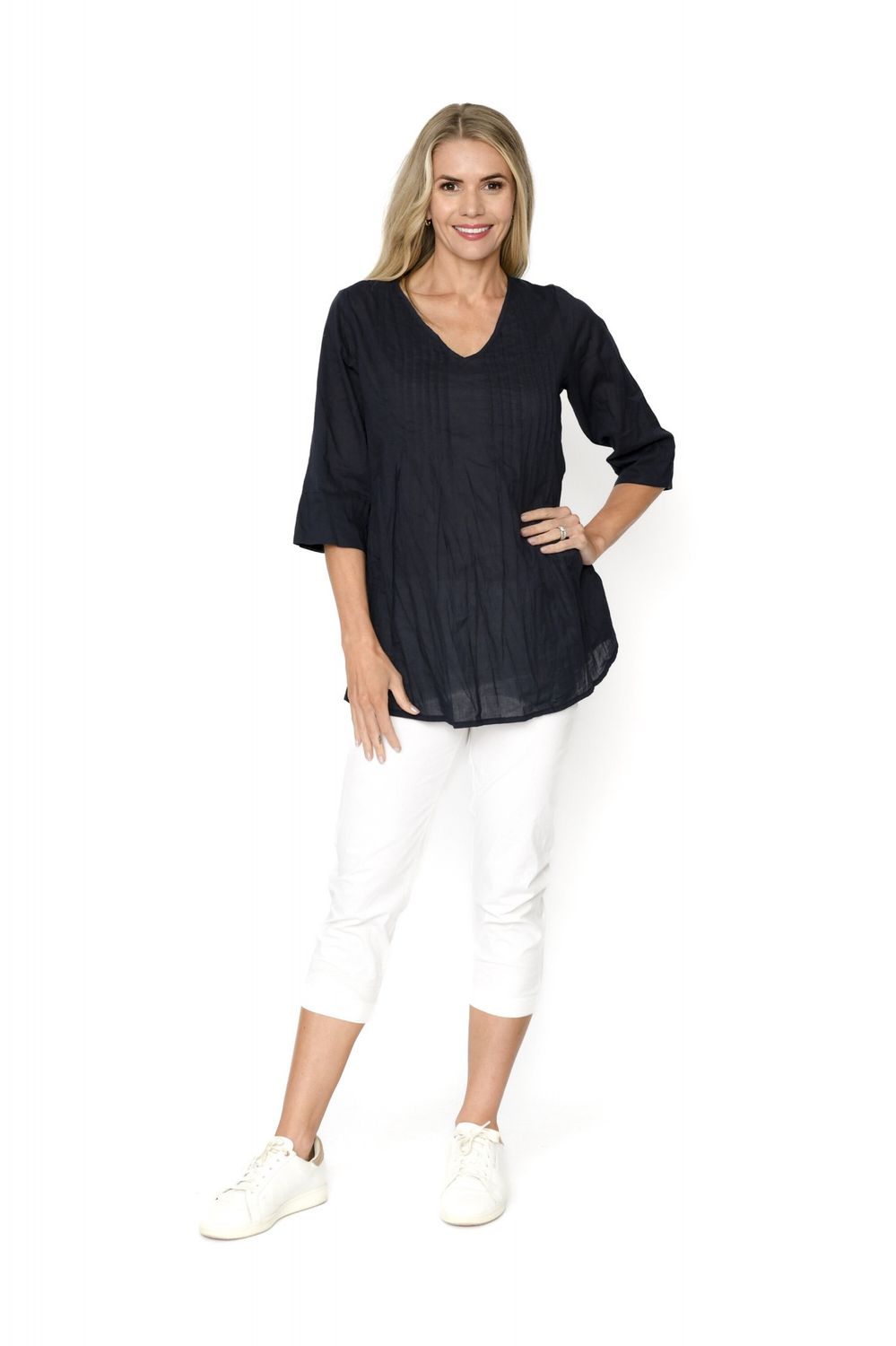Evie Pleated Top - Navy, Size: 8