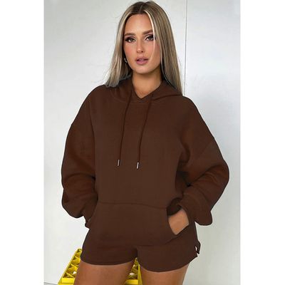 Autumn And Winter New Solid Color Thickened Fleece-lined Hooded Long Sleeve Sweater Women&amp;#039;s Fashion Casual Shorts Set