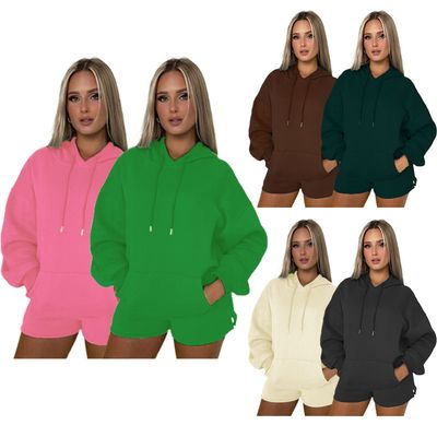 Autumn And Winter New Solid Color Thickened Fleece-lined Hooded Long Sleeve Sweater Women&amp;#039;s Fashion Casual Shorts Set