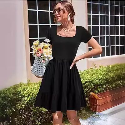 Women&amp;#039;s Summer Dresses Short Sleeve Square Neck Dress Casual Beach Vacation A-Line Pleated Tank Top
