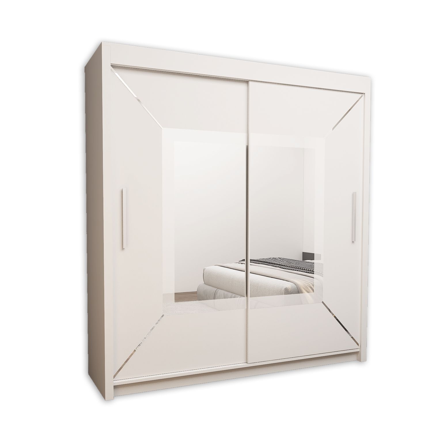 VENICE Mirror Sliding Door Wardrobe 150cm/180cm/203cm (4 Colours), Colour: White