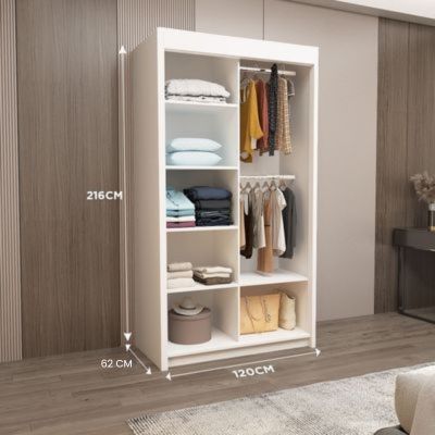 LYON Sliding Door Wardrobe with Mirror – 2 or 3 Doors – Multiple Sizes &amp; Colours – Shelves, Rails &amp; Drawers