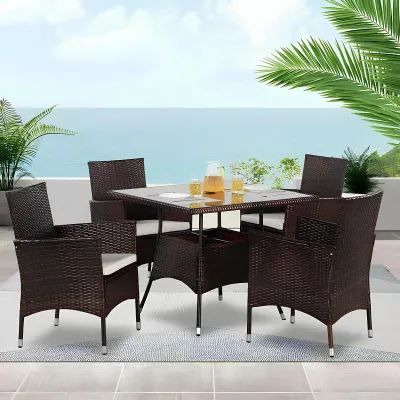 5-Piece Rattan Patio Dining Set – Brown Wicker Chairs &amp; Glass-Top Table – Outdoor Garden Furniture for 4