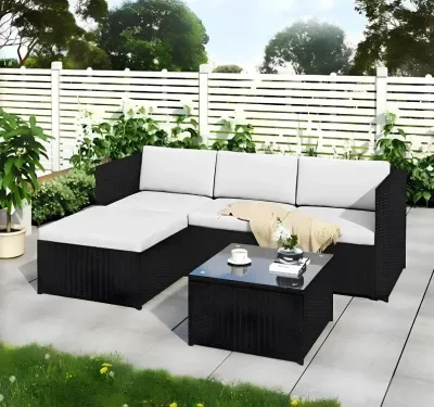 4-Seater Rattan Corner Sofa Set with Glass Coffee Table – Outdoor Garden Patio Furniture by Interior Emporium