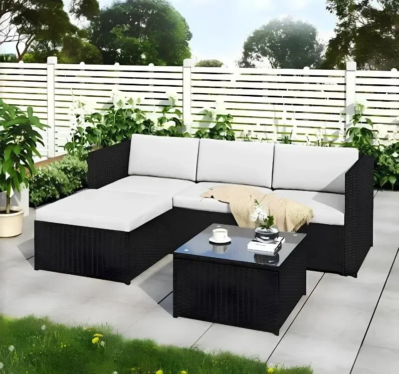 4-Seater Rattan Corner Sofa Set with Glass Coffee Table – Outdoor Garden Patio Furniture by Interior Emporium