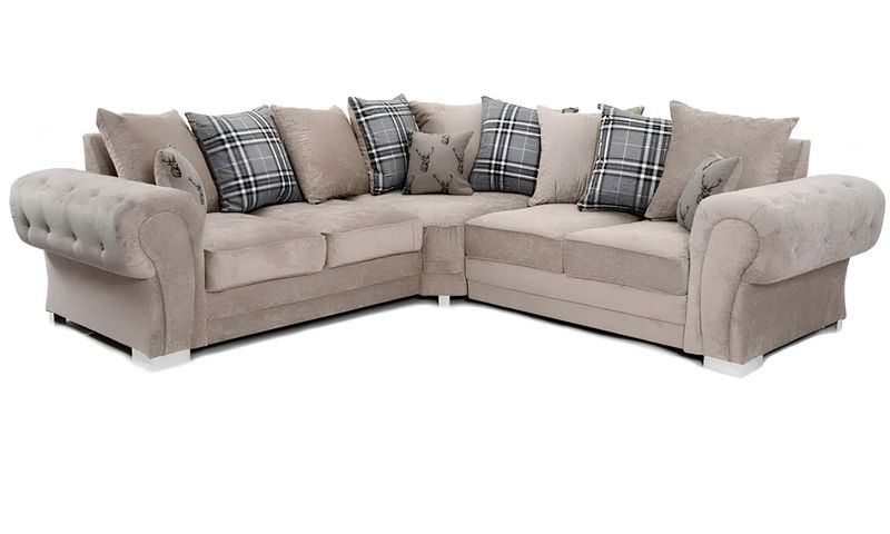 Verona Chenille Corner Sofa – Scroll Arm Tufted Design, 2 &amp; 3 Seater, Chrome Legs