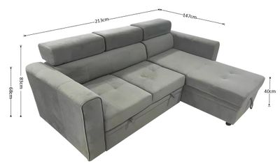 Luca Velvet Corner Sofa Bed with Storage – Universal Side – Pull-Out Double Sleeper with Solid Wood Frame