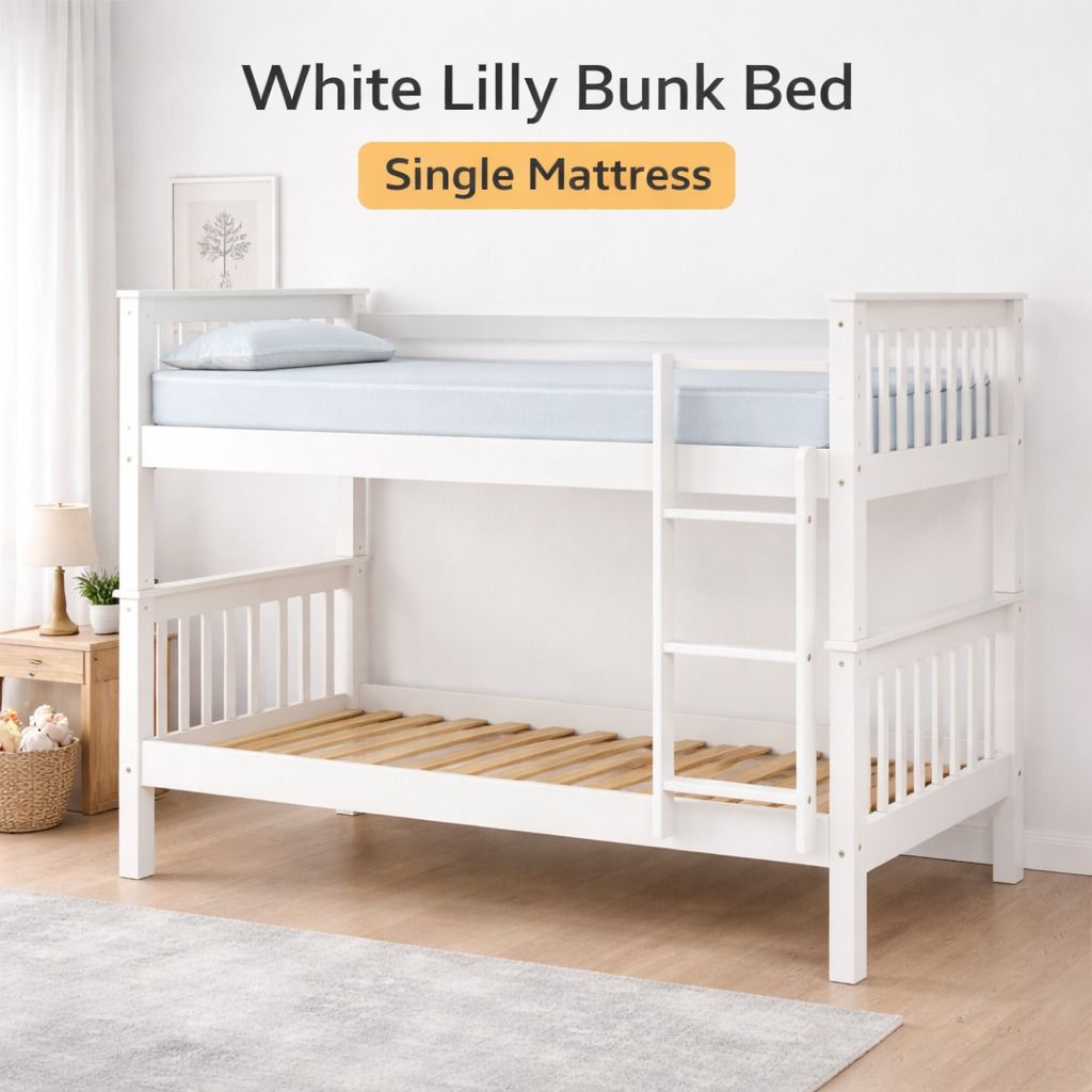 Lily Wooden Bunk Bed with Pull-Out Trundle – Solid Pine Space-Saving Frame – Kids Bedroom Furniture