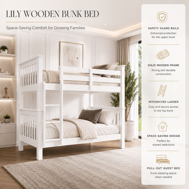 Lily Wooden Bunk Bed with Guest Bed  – Solid Pine Space-Saving Frame – Kids Bedroom Furniture