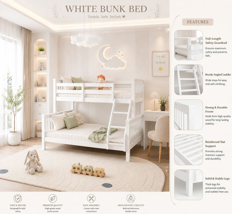 Lily Wooden Trio Bunk Bed with Guest Bed – Space-Saving Solid Pine Frame