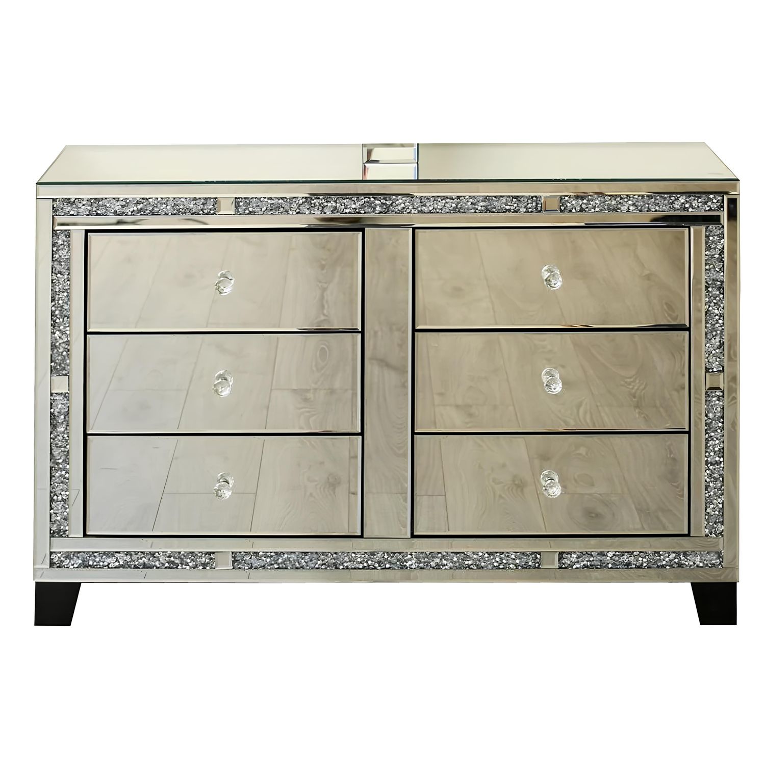 Valencia Mirrored 6 Drawer Chest – Silver Glass, Crushed Diamond or Plain Finish, Pre-Assembled