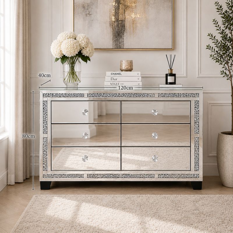 Valencia Mirrored 6 Drawer Chest – Silver Glass, Crushed Diamond or Plain Finish, Pre-Assembled