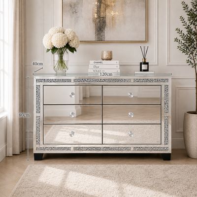 Valencia Mirrored 6 Drawer Chest – Silver Glass, Crushed Diamond or Plain Finish, Pre-Assembled