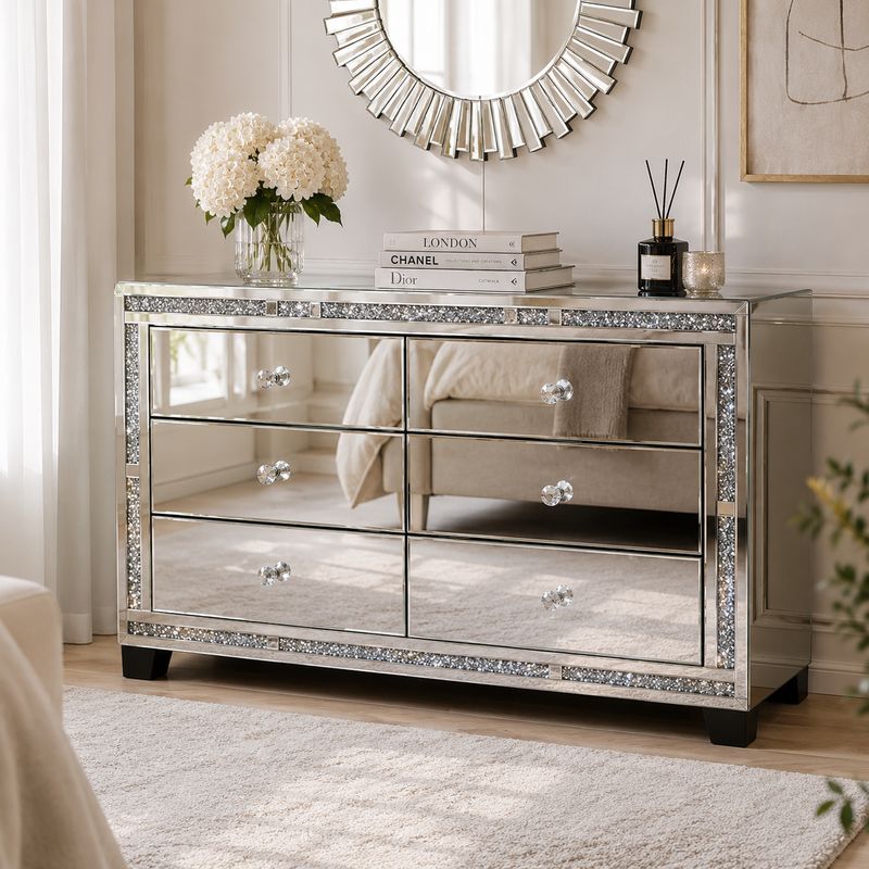 Valencia Mirrored 6 Drawer Chest – Silver Glass, Crushed Diamond or Plain Finish, Pre-Assembled