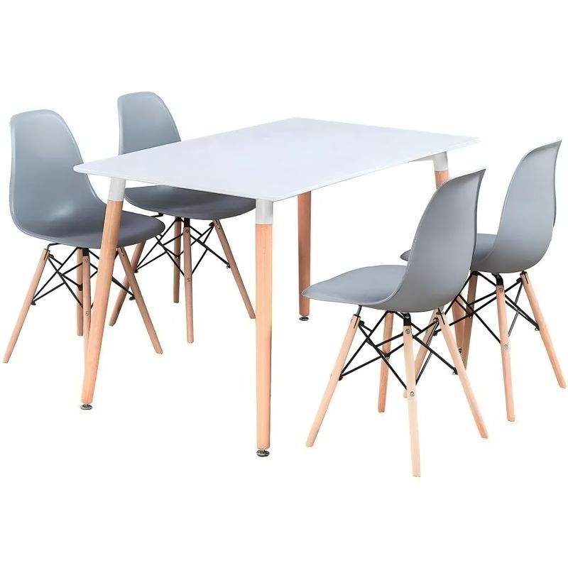 Modern 5 Piece Dining Table and Chairs Set – White Table with Wooden Legs, 4 Chairs, Seats 4