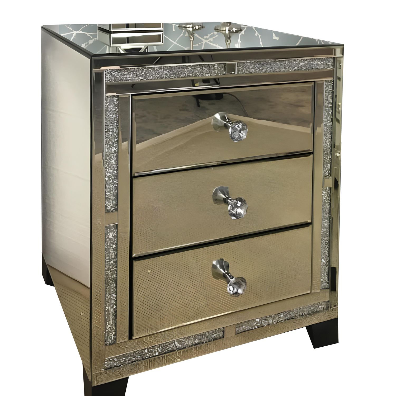 Valencia Mirrored Bedside Table – 3 Drawer Nightstand, Crushed Diamond or Plain Finish, Pre-Assembled