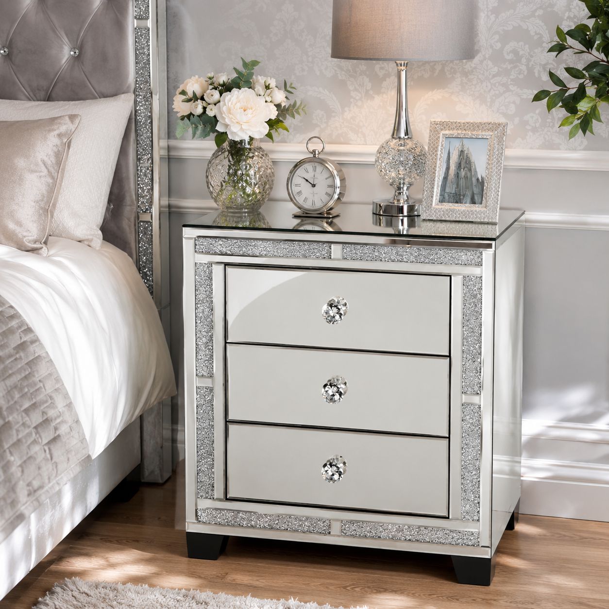 Valencia Mirrored Bedside Table – 3 Drawer Nightstand, Crushed Diamond or Plain Finish, Pre-Assembled