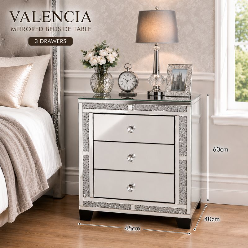 Valencia Mirrored Bedside Table – 3 Drawer Nightstand, Crushed Diamond or Plain Finish, Pre-Assembled