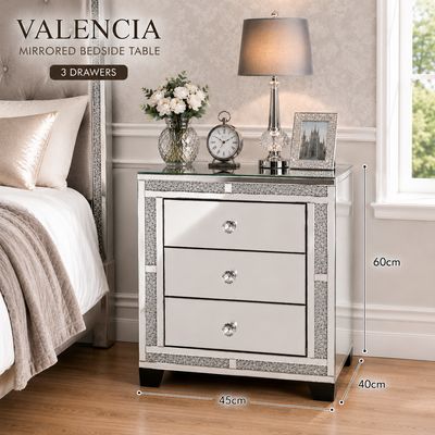Valencia Mirrored Bedside Table – 3 Drawer Nightstand, Crushed Diamond or Plain Finish, Pre-Assembled