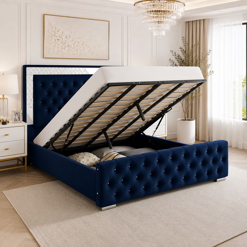 Plush Velvet Ottoman Storage Bed with Gas Lift – Double or King Size – Blue, Black, or Grey