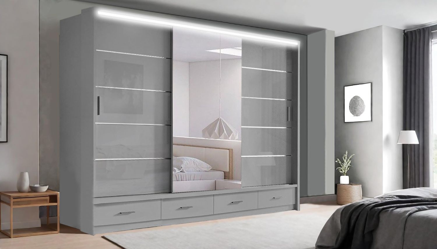 Florence High Gloss Sliding Door Wardrobe with Mirrors – LED Lighting, Drawers, and Smart Storage – 205cm &amp; 256cm Options
