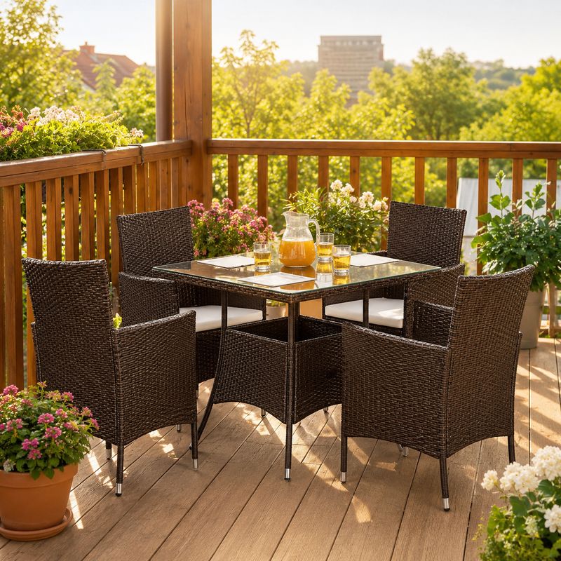 5-Piece Rattan Patio Dining Set – Brown Wicker Chairs &amp; Glass-Top Table – Outdoor Garden Furniture for 4