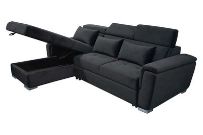 Antonio Velvet Corner Sofa Bed with Storage &amp; USB – Universal Side, Medium Firm, Double Sleeper