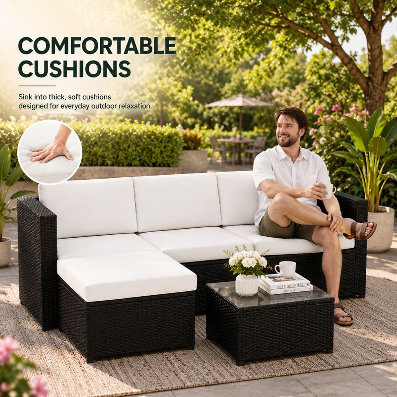 4-Seater Rattan Corner Sofa Set with Glass Coffee Table – Outdoor Garden Patio Furniture by Interior Emporium