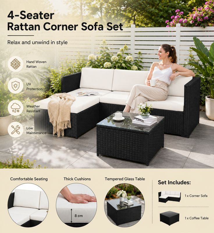 4-Seater Rattan Corner Sofa Set with Glass Coffee Table – Outdoor Garden Patio Furniture by Interior Emporium