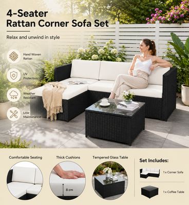 4-Seater Rattan Corner Sofa Set with Glass Coffee Table – Outdoor Garden Patio Furniture by Interior Emporium